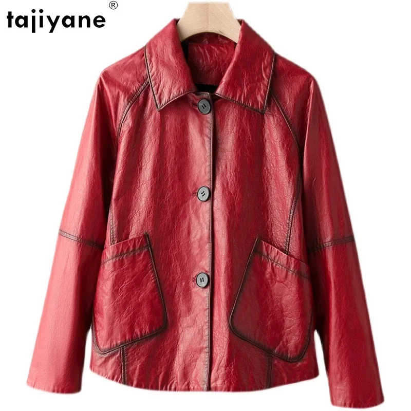 Tajeyane-Chaqueta de piel auténtica para Mujer, abrigo corto Vintage 2023 de piel de oveja auténtica, con cuello vuelto, de alta calidad, 100%