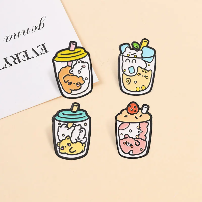 Niedliche Bubble-Tea-Tier-Emaille-Abzeichen, Cartoon-Getränkebecher-Anstecker, liebenswerte Haustier-Charakter-Broschen, Reversnadel-Set, Geschenk für Freunde – Detail 5