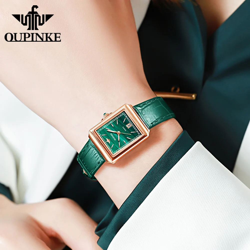 OUPINKE Women\'s Wrist Watch Quartz Watch For Women Green Leather Watches Top Brand Luxury Square Dial Waterproof Luminous