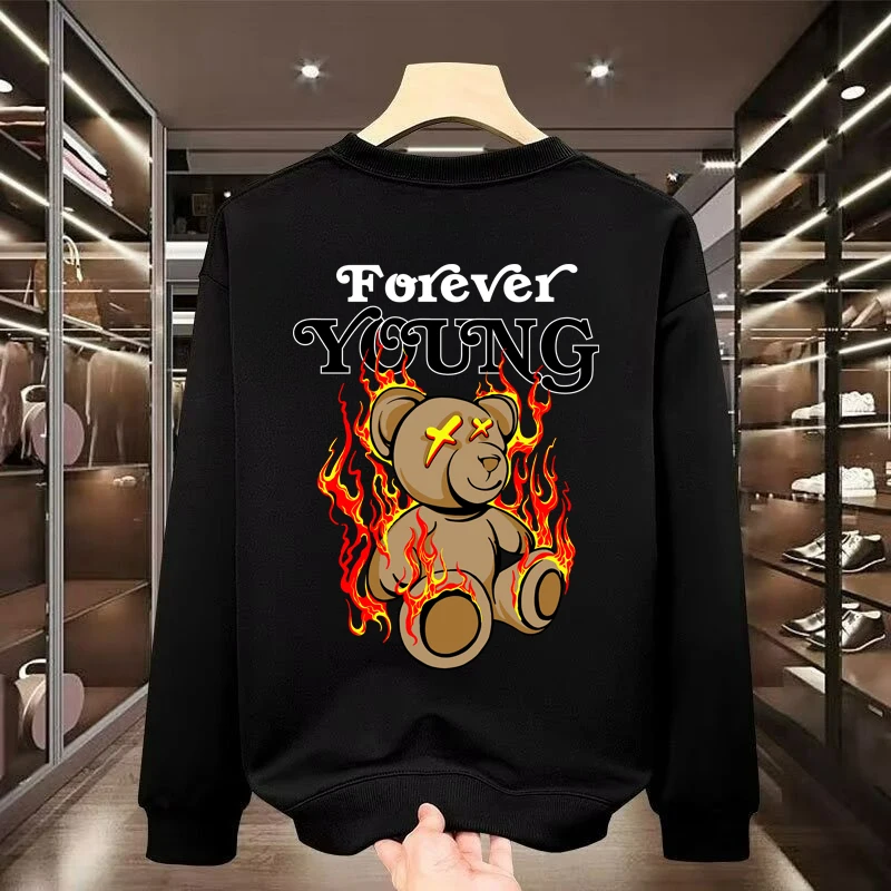 S-5XL Men Cartoon Sweatshirt Cool Bear Printed Oversized Top High Quality Black Long sleeves T Shirt O-neck Tees Men Clothing