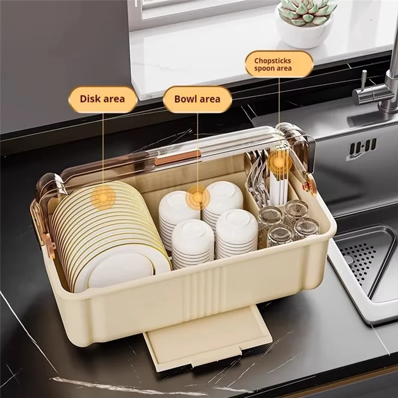 

A29M-Large Chopsticks Storage Box With Lid - Kitchen Countertop Organizer For Dishes And Utensils, Drain Cupboard Feature