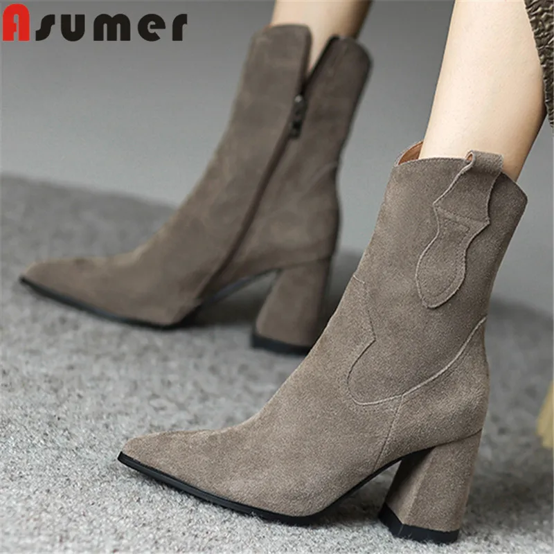 

ASUMER 2024 New Arrive Cow Suede Boots Woman Zipper Thick High Heels Shoes Autumn Winter Ladies Mid Calf Boots