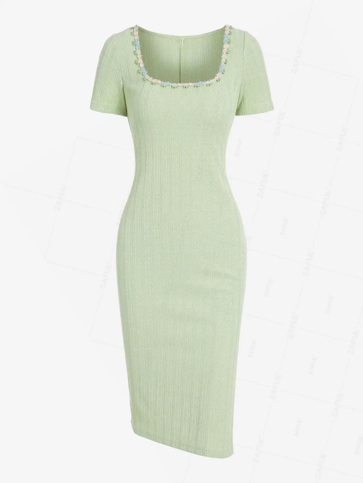 

ZAFUL Women's Daily Casul Knitted Embroidered Floral U Neck Slit Midi Bodycon Dress