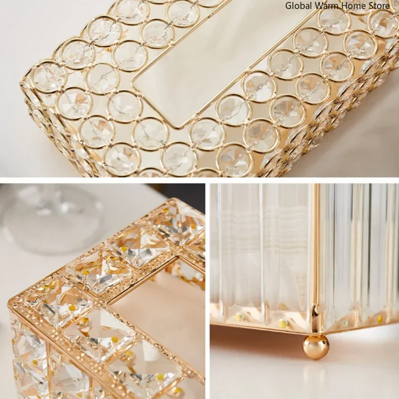 Crystal Tissue Box Nordic Fashionable Office Table Napkins Storage Box Bar Gold Diamond Holder Living Room Bedroom Decor Gift