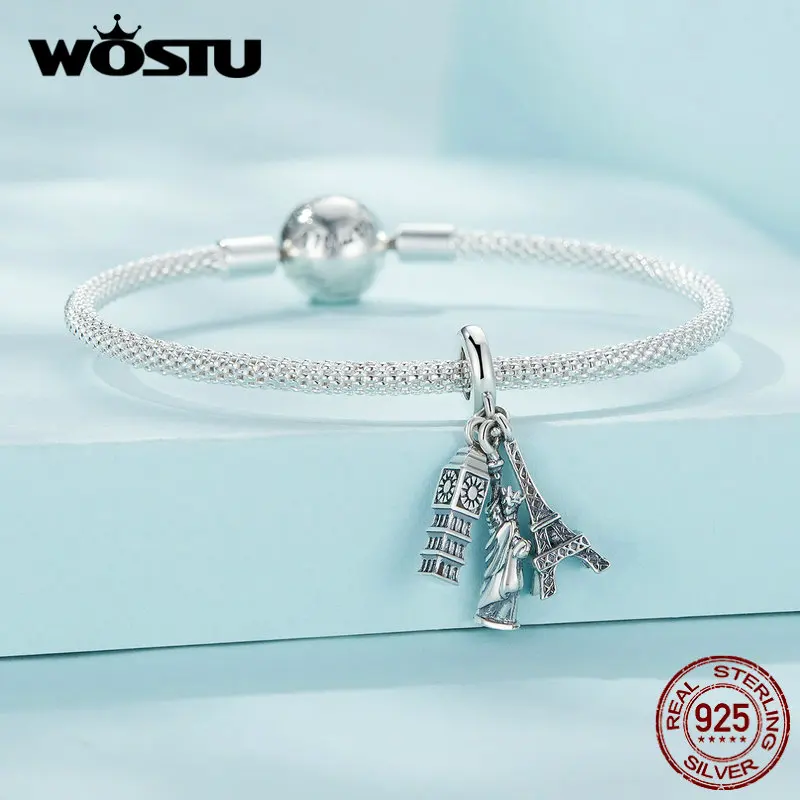 WOSTU-Colgante de Plata de Ley 925 con diseño de la Torre Eiffel, abalorio de elefante estilo Retro de la Torre Eiffel del mundo de viaje