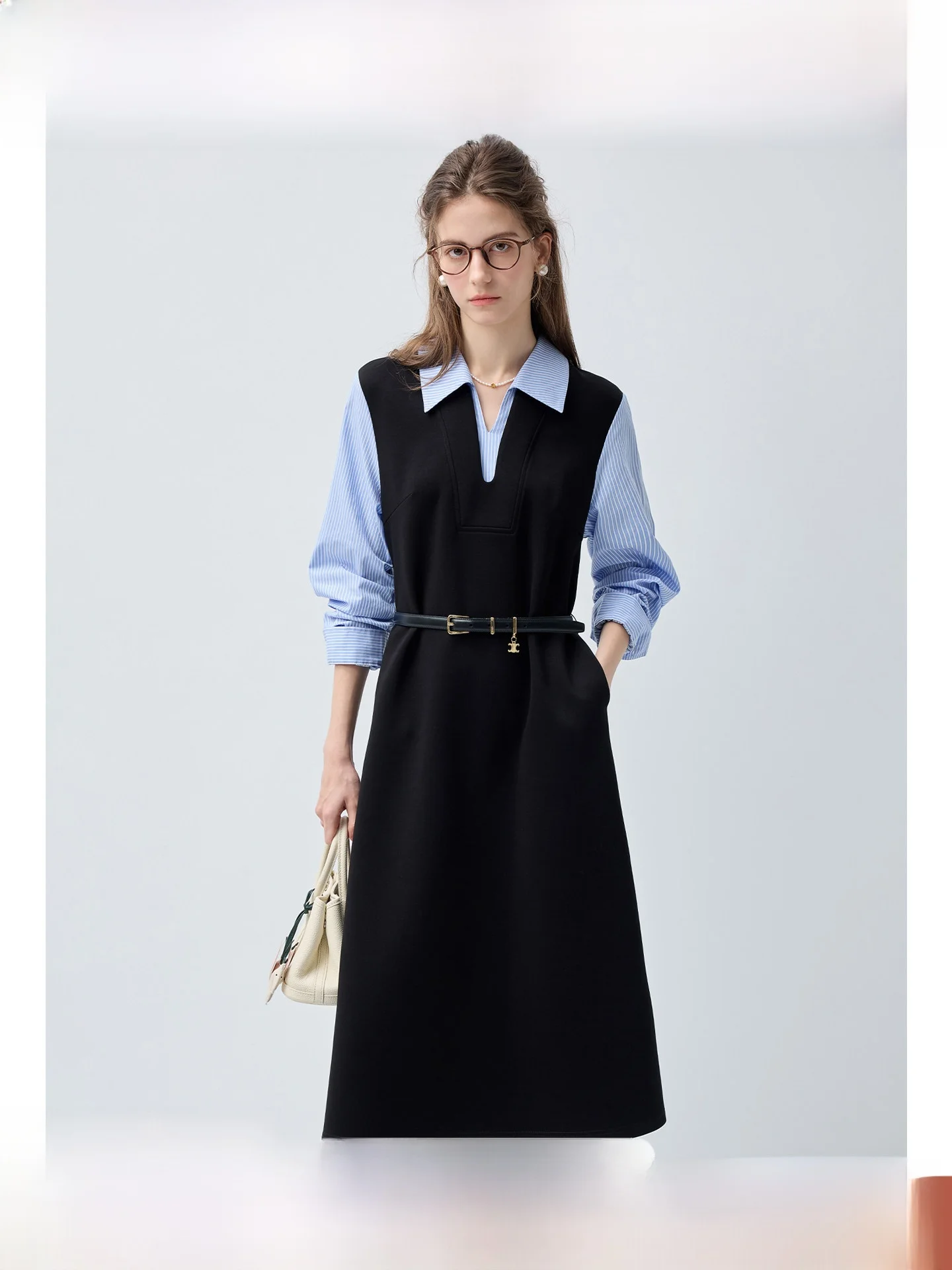 Afslankend effect Grote maten damesjurk met strepen en nep-tweedelig ontwerp Lente Nieuw Sle Plump Micro-Match Long Dr