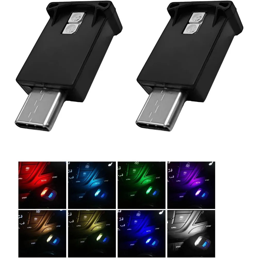 

2 шт. USB-тип c светодиодный окружающий свет, 8-цветная атмосферная лампа для салона автомобиля RGB, мини-светодиодный ночник с подключаемым интерфейсом USB, порта