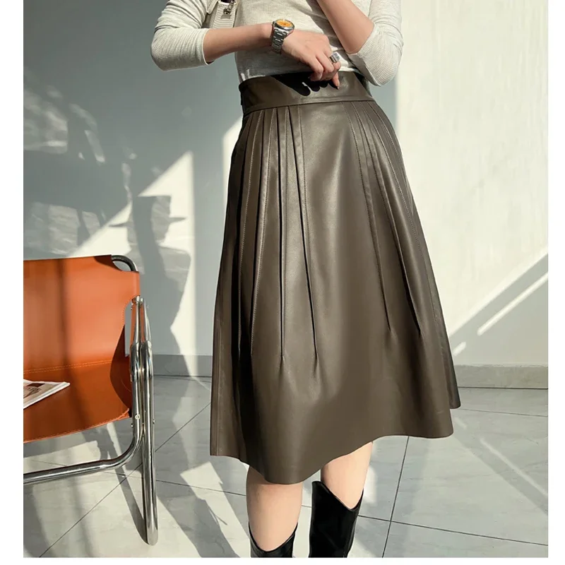 Women Leather Skirts Winter/SpringHigh-End Heartthrob Italian High-Quality Sheepskin Folded Faldas Mujer Over Knee Pleated Jupe