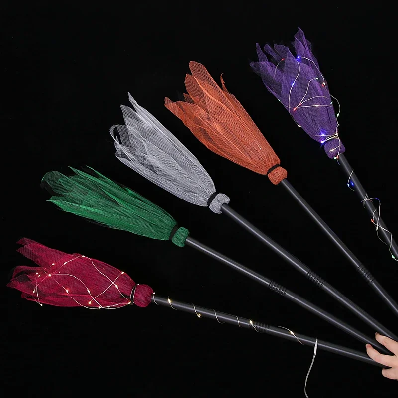 5 colors Halloween Witch Decor Broom Props Halloween Children Gifts LED Light Gauze Witch Broom Halloween Party Decoration