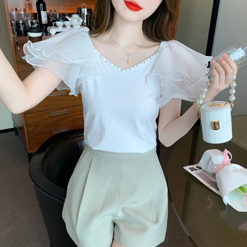 2024 Summer New Short sleeved T-shirts Womens Top Fashion Elegant V-Neck Heavy Industry Nail Diamond Simple Flying Sleeve Tshirt