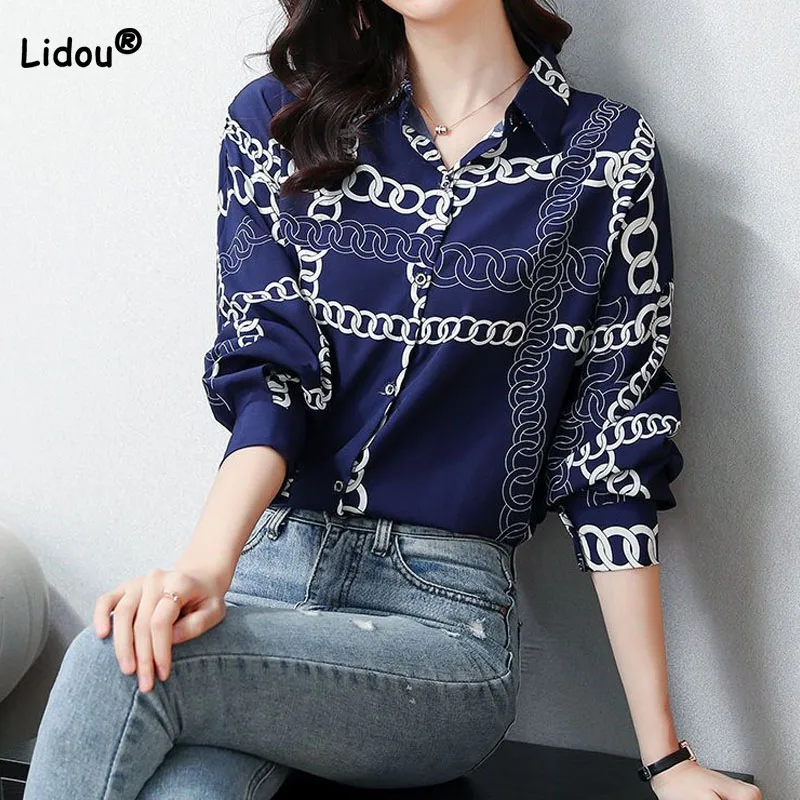 

Korean Fashion Chain Printed Polo-Neck Shirt for Female Spring Thin Vintage Loose Long Sleeve Button Blouse Women's Clothing