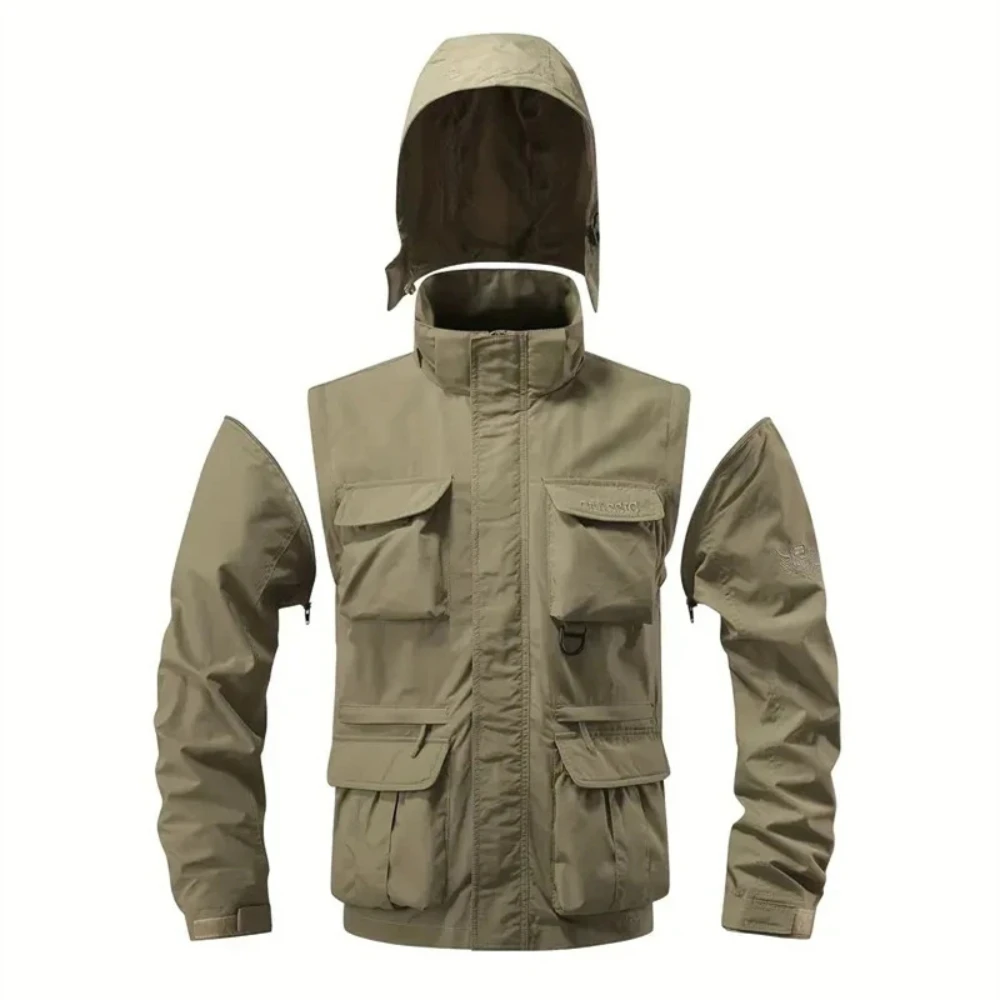 Chaqueta con capucha desmontable a prueba de viento, adecuada para actividades al aire libre, chaleco informal impermeable con múltiples bolsillos para hombre