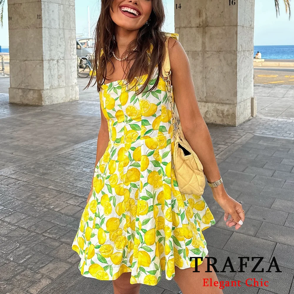 TRAFZA Vintage Print Lemon Yellow Bow Tie Mini Women Dress Fashion 2024 Summer OOTD Zipper Cami Dress Prairie Chic Beach Dress