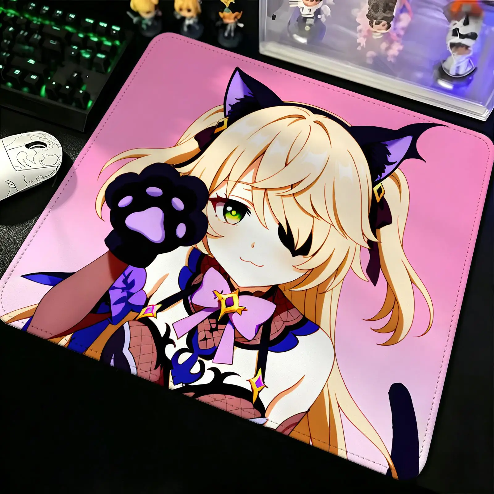 Fischl Compact Gaming Mat Reinforced Stitched Border, Genshin Impact S/M/L Sizes Portable Laptop Desk Pad for Office & E-sports