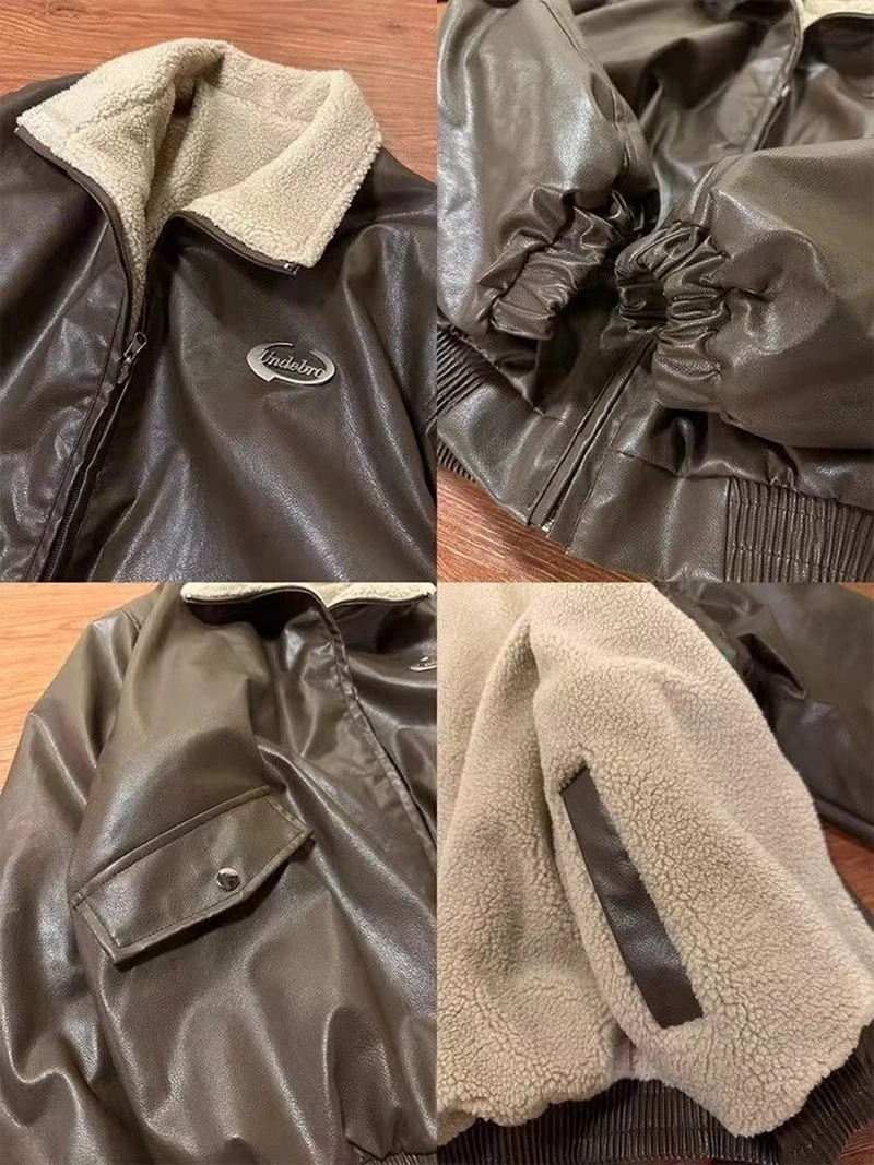 Reversible Brown Women Pu Jacket Sherpa Lined Coat Zip Up Fleece Oversized Retro Moto Streetwear Y2K Winter Outerwear Top