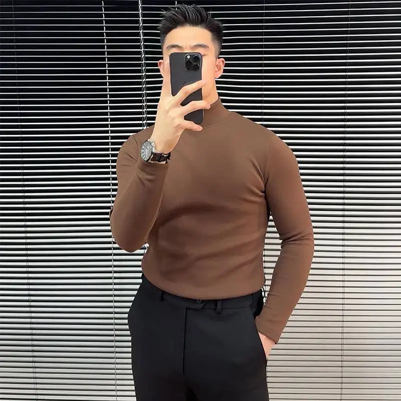 

Мужская облегающая термофутболка с высоким воротом, однотонная, для осени и зимы, дышащая, из полиэфирного волокна