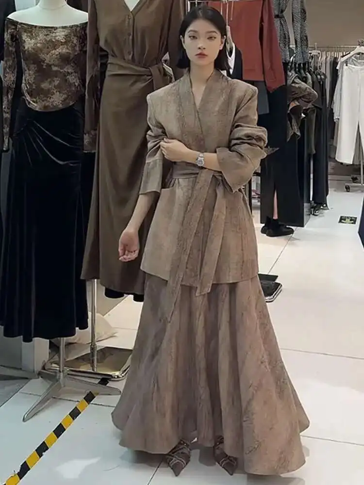 BJTZ Casual Linen Suit Skirt Spring Waist Coat High Waist A-line Skirt Two-piece Set 2025 Fashion Temperament Simple