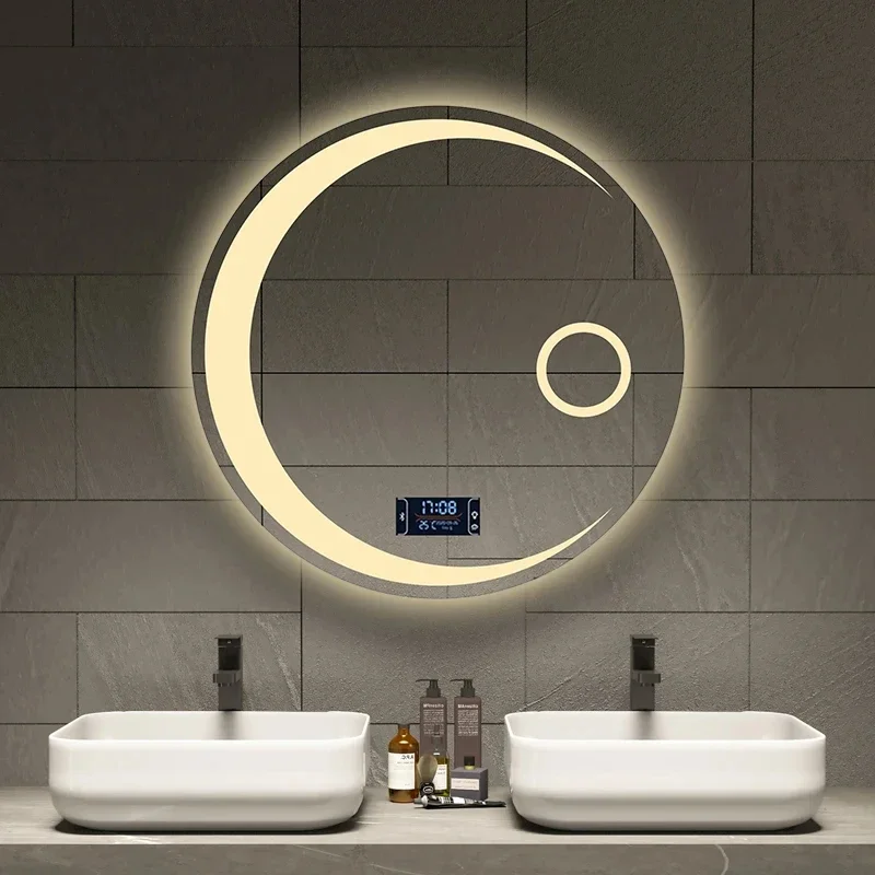 40/50/60cm Round Moon Shape Bathroom Mirror 3 Color Adjustable LED LIght With Defogging Bluetooth Speaker Smart Makeup Mirror