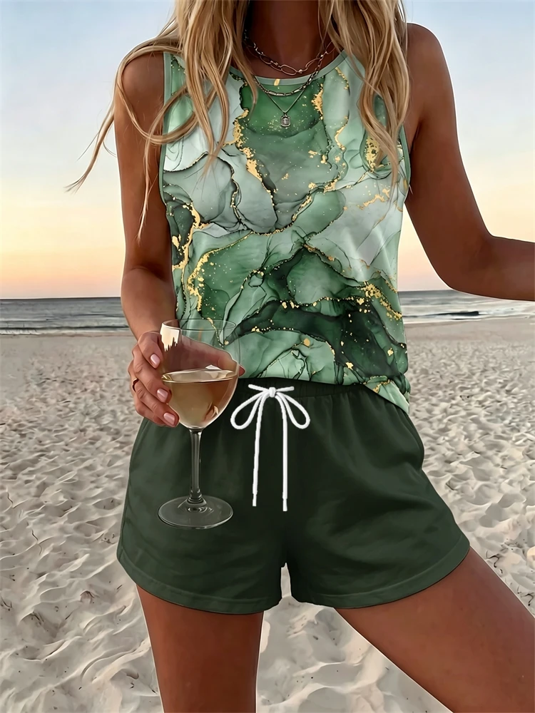Women's Casual Marble-Print Round-Neck Tank Top Two-Piece Set Perfect for Beach Vacations An Elegant and Stylish Set for Women