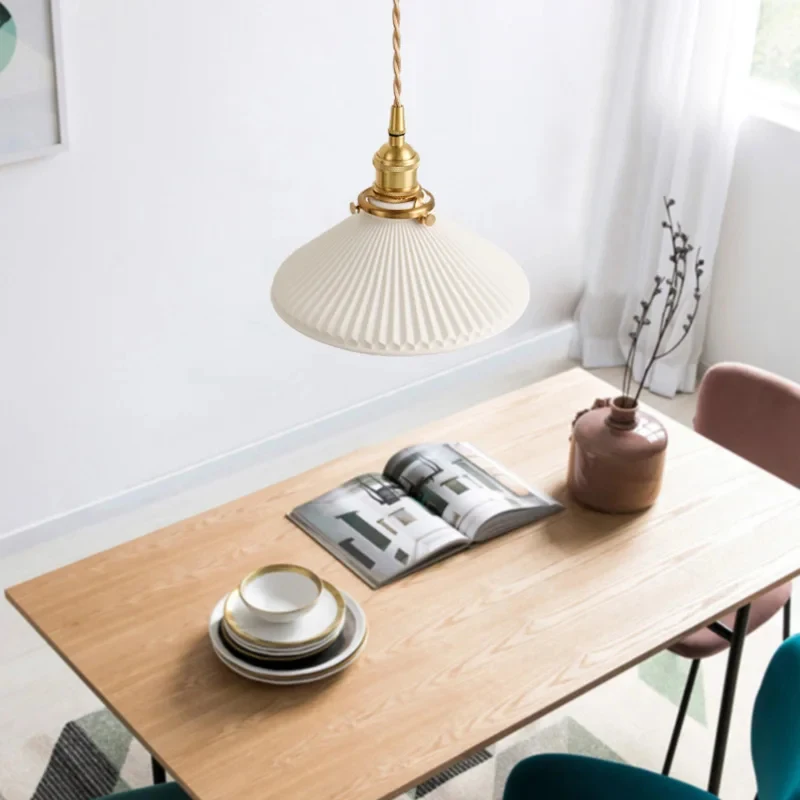 Minimalist White Pleated Ceramic Pendant Light Brass E27 Hanging Lamp for Kitchen Dining Room Bedroom Home Fixture