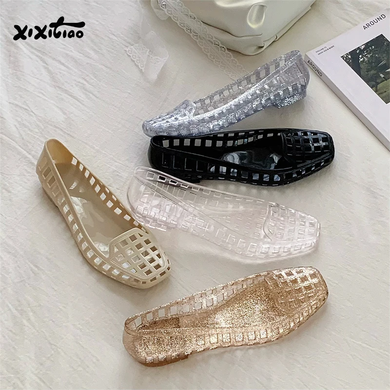 XIXITIAO Summer Women's Sandals French Crystal Casual Fashion 2026 Elegance Flat Transparent Silver Hollow Jelly Shoes Ladies