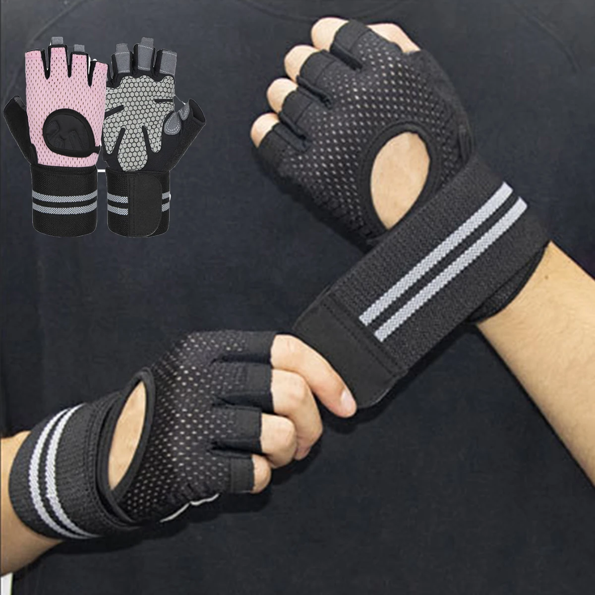 Weightlifting Gloves Wristband Support Breathable Anti-Slip Sports Gym Gloves Bodybuilding Powerlifting Fitness Training