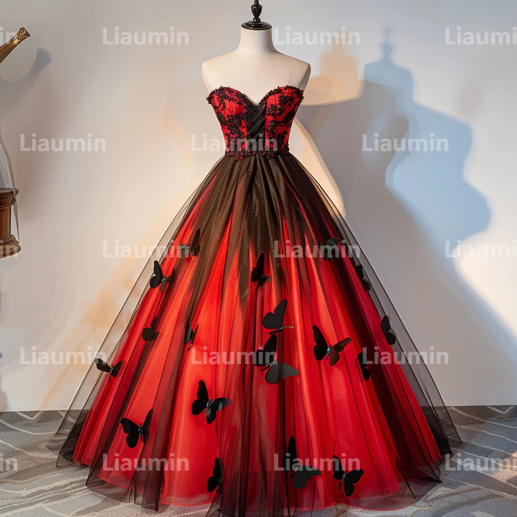 Tulle rosso e nero con farfalla senza spalline abiti da ballo da sera abiti da sposa lunghezza pavimento occasione formale personalizzata W15-41