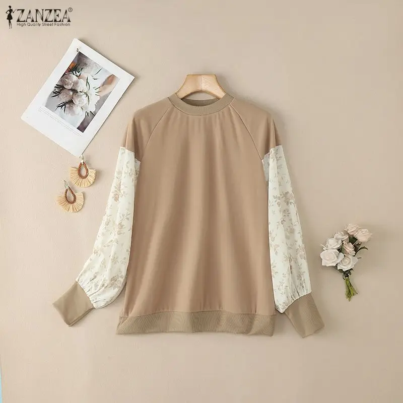 

ZANZEA 2026 Spring Women Long Sleeve Tops Autumn Floral Patchwork Blouse Mujer Female Work Shirt Casual O Neck Knitted Pullover