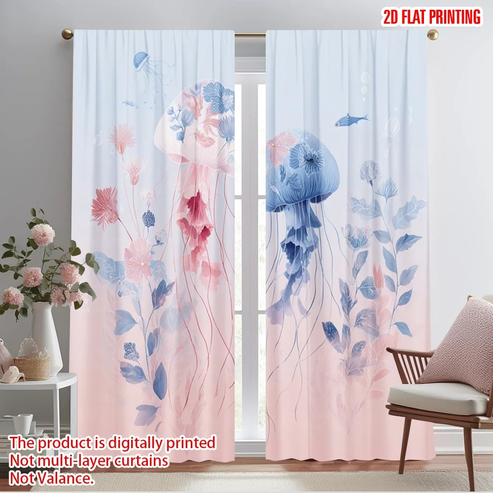 

2pcs 2D flat printing Curtains Floral Jellyfish Dance 100% Polyester Fabric Without Electricity Family Party for Indoor