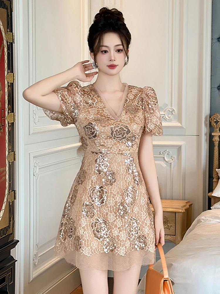 

Summer Casual Elegant Floral Shiny Sequin V-Neck A-Line Short Dress Women Clothes Sweet Puff Sleeve Slim Party Birthday Vestidos