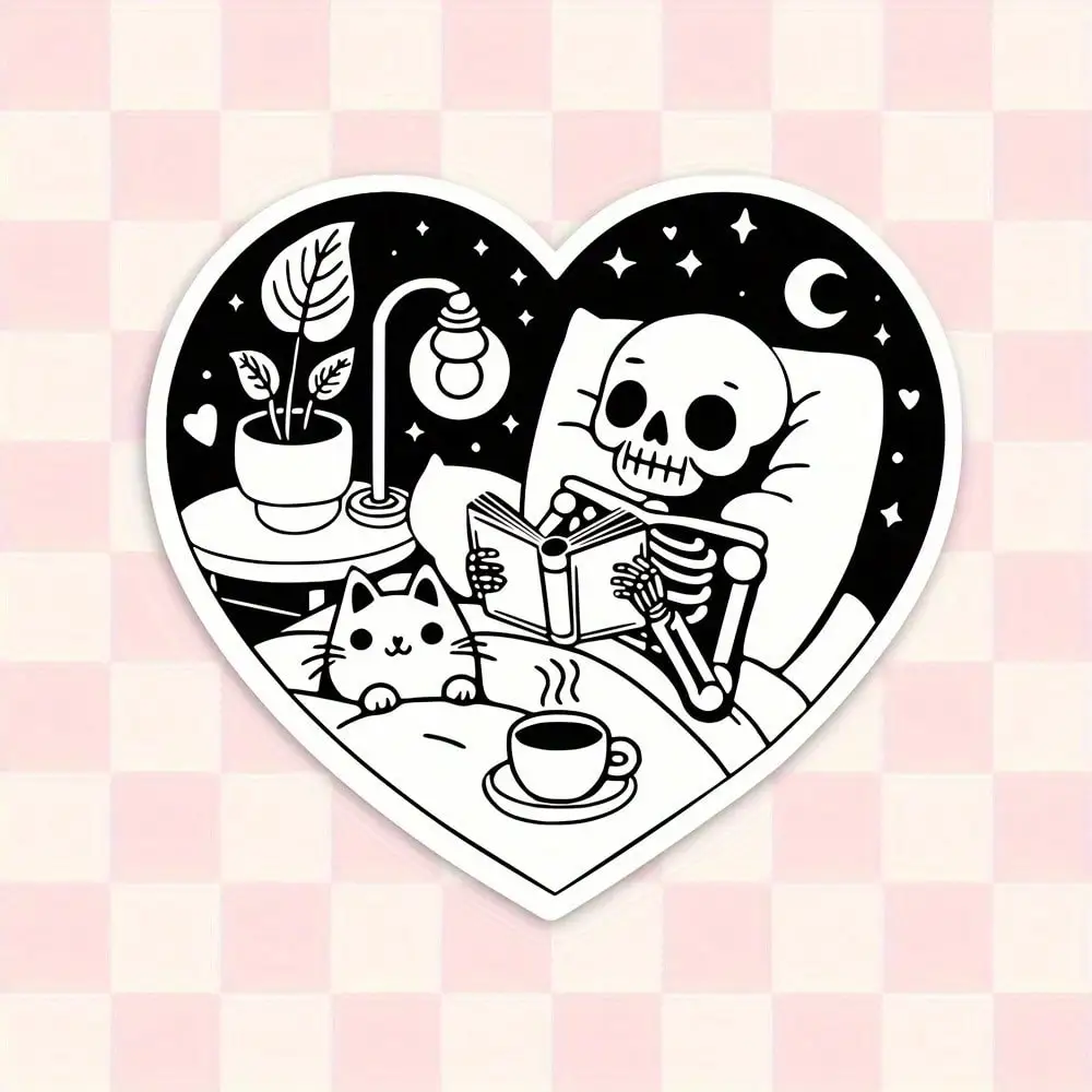 

"Forever a Bookworm" Skeleton & Cat Nighttime Reading Waterproof Decal