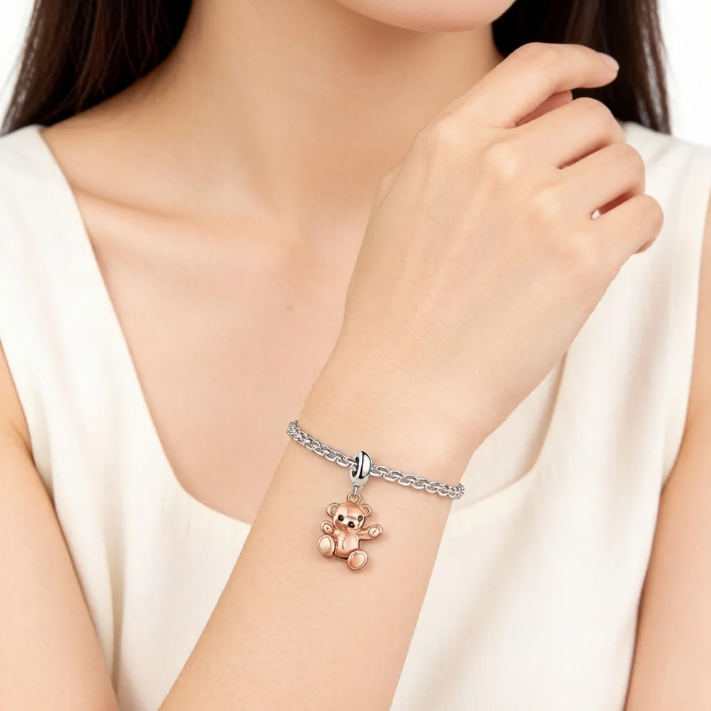 Teddy Bear Charms Pendant Rose Gold Color Cute Europe Jewelry Findings Accessories 925 Sterling Silver Fashion Gift For Women