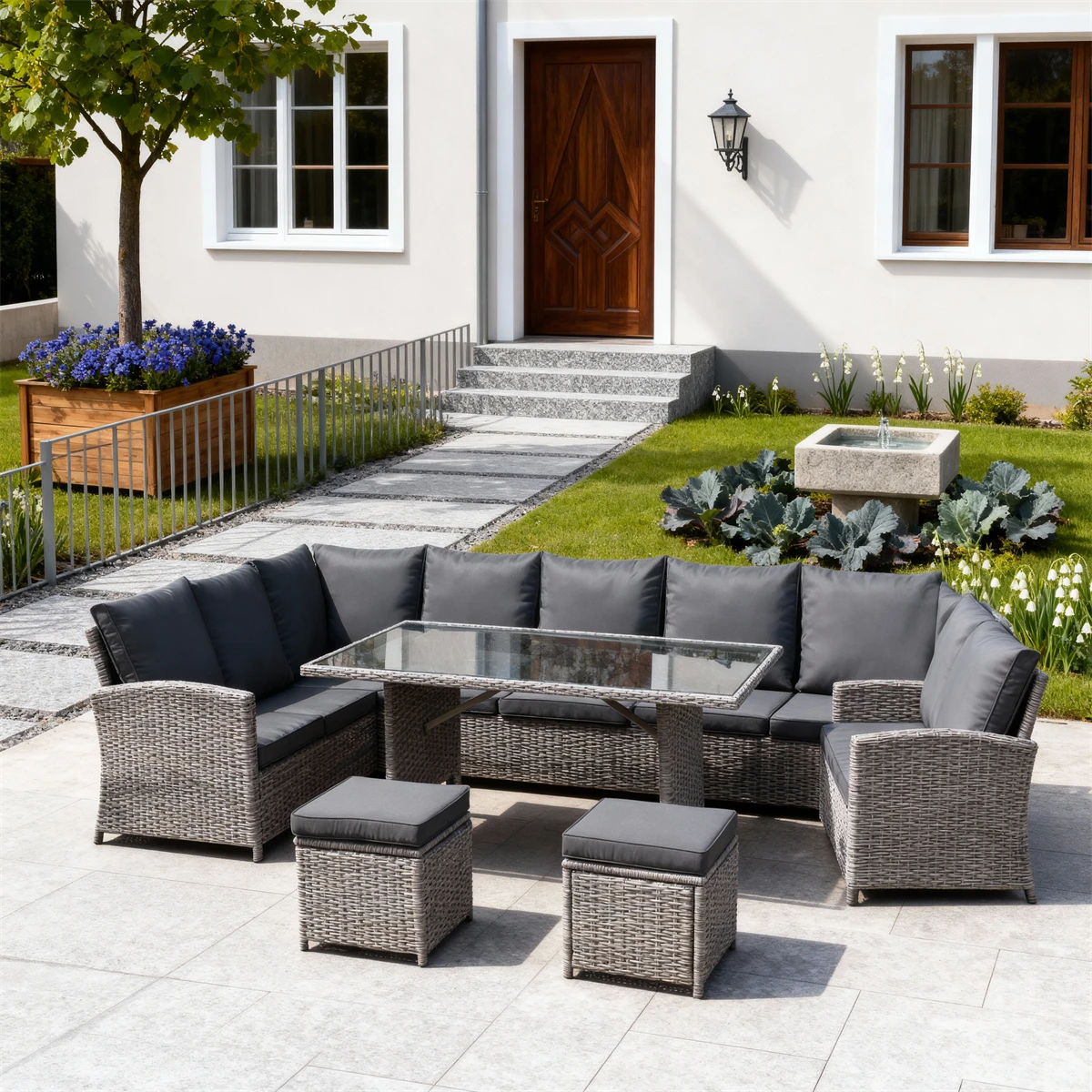 Light Gray Modular Rattan Sofa Set with Glass Top Table and 2 Stools for Outdoor Patio Garden Custom Colors Styles Available