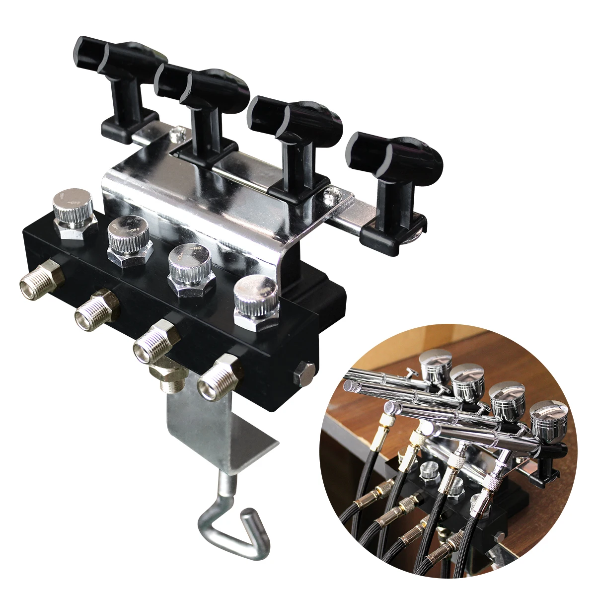 

OPHIR Airbrush Holders with 1/8 & 1/8 Splitter for 4pcs of Gravity Airbrush for Model Paint Hobby Craft Cake Painting AC121