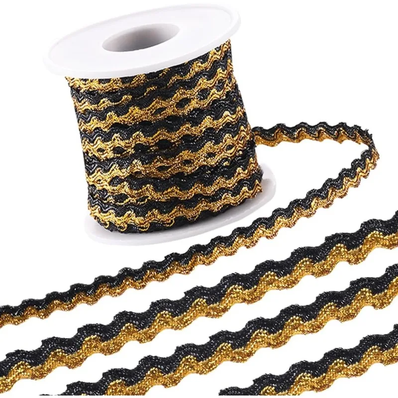 16.4Yds x 5mm Black Gold Wave Bending Fringe Trim Metallic Sparkle Rick Rack Trim Braid Wavy Edge Lace Woven Webbing Zig Zag