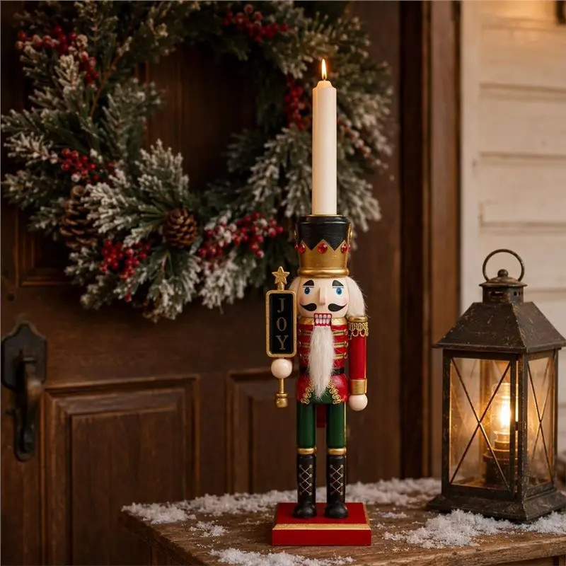 ABMH-Candle Holder 2 Pieces Christmas Nutcracker 10 Inch Wooden Figurine Candlestick For Table For Mantele Centerpiece Decor