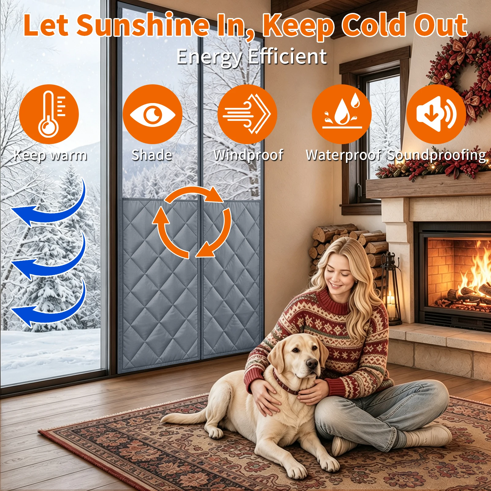 Magnetic Door Curtain Winter Warm Windproof Summer Thermal Insulated Thickened Cotton Cover with Clear Window Self-Closing Block