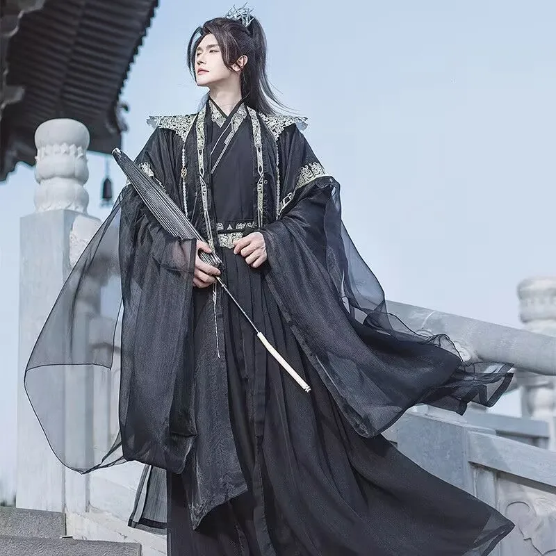 Hanfu chino para hombre, trajes Hanfu Vintage bordados en blanco y negro, disfraz de Carnaval de Halloween para hombre, fiesta Hanfu de talla grande