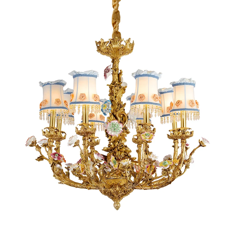 DINGFAN French All-Bronze Luxury Ceramic Flower Chandelier High-Grade Classical Palace Villa Hall Chandelier