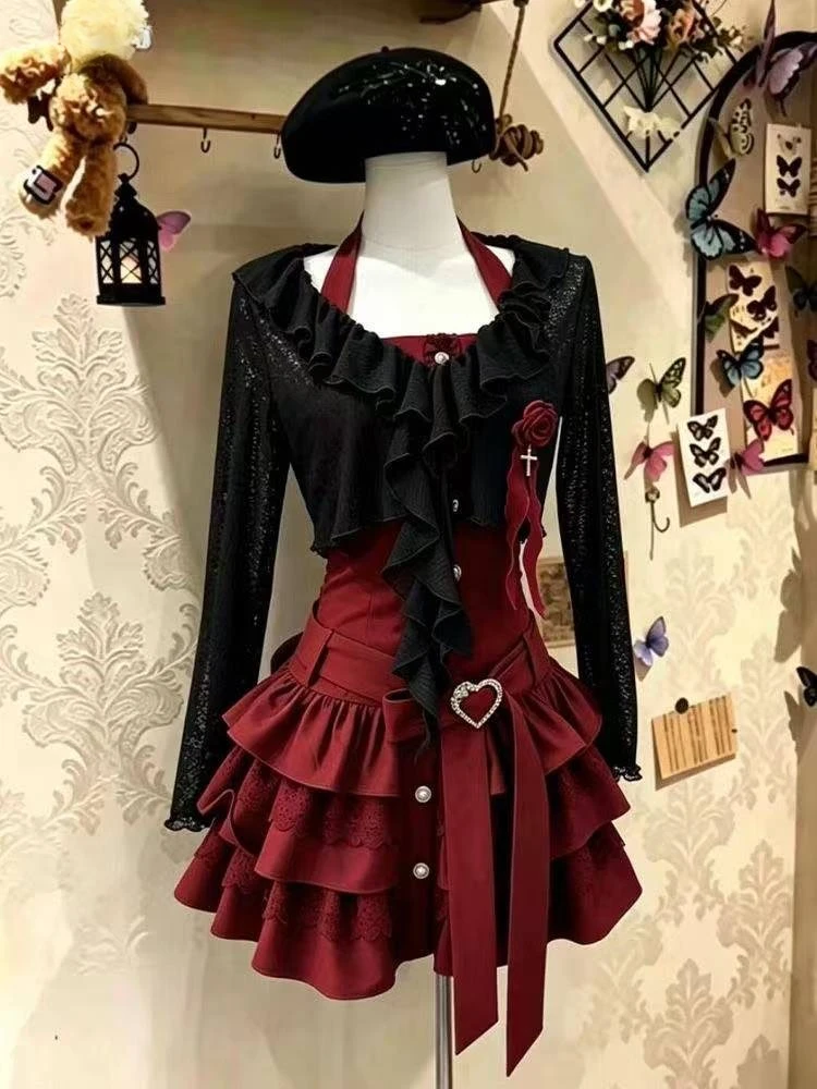 Punk Party Lolita Dress Suit Women Casual Short Cardigan Japanese Y2K Vintage Mini Dress Harajuku Fashion 2 Piece Set image 2