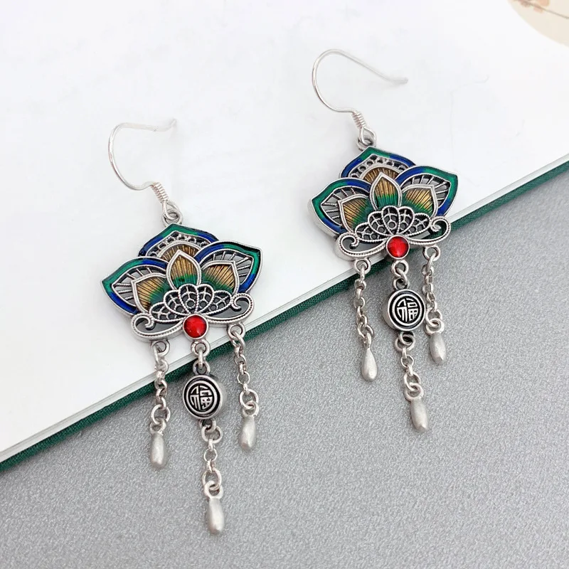 Ethnic 925 Sterling Silver Green Yellow Lotus Tassel Earrings Women Enamel Hollow Flower Long Hanging Earrings Jewelry EH238