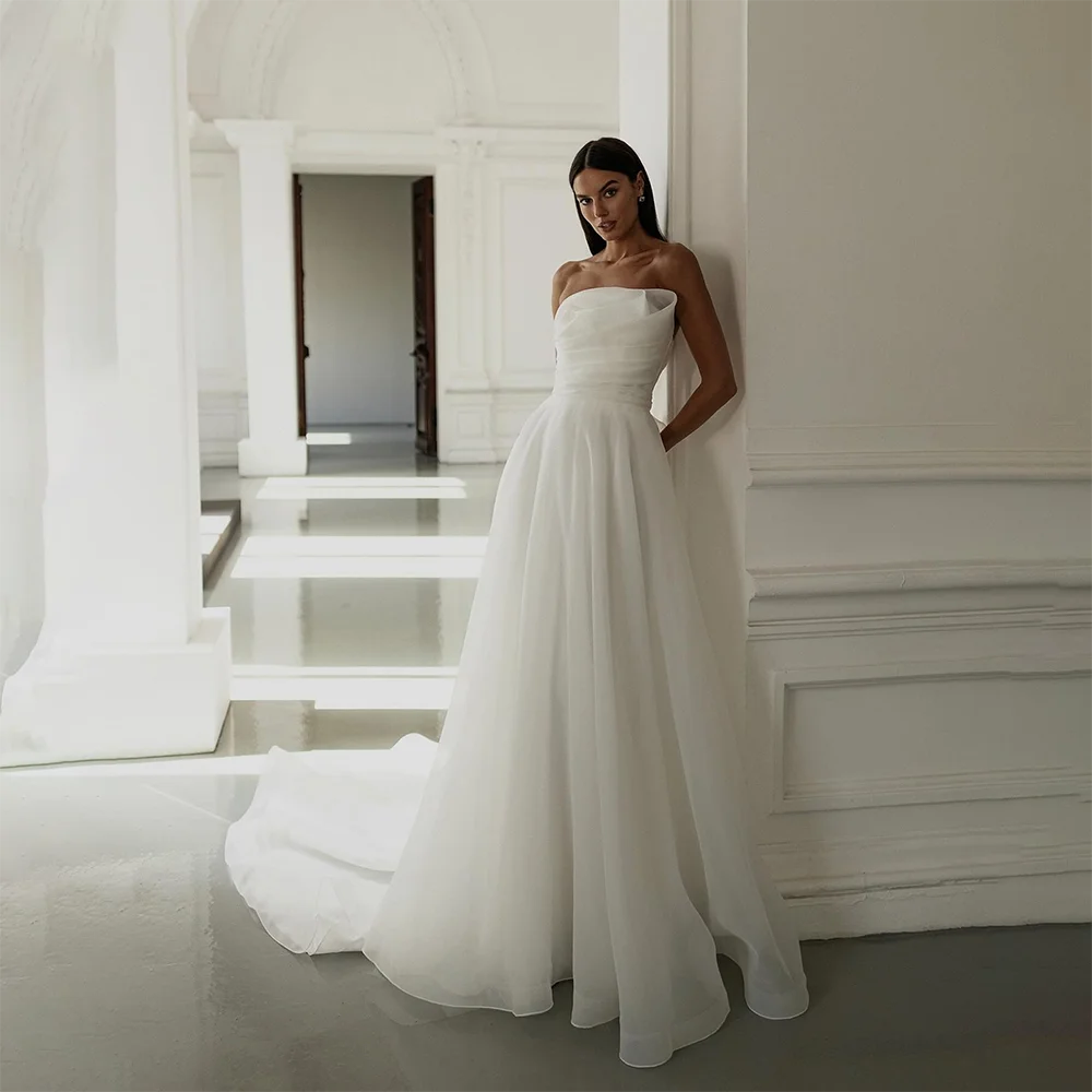 Elegant Organza Wedding Dress Strapless Draped Bodice Pleated A-Line Floor Length Long Train Bridal Gown Customized