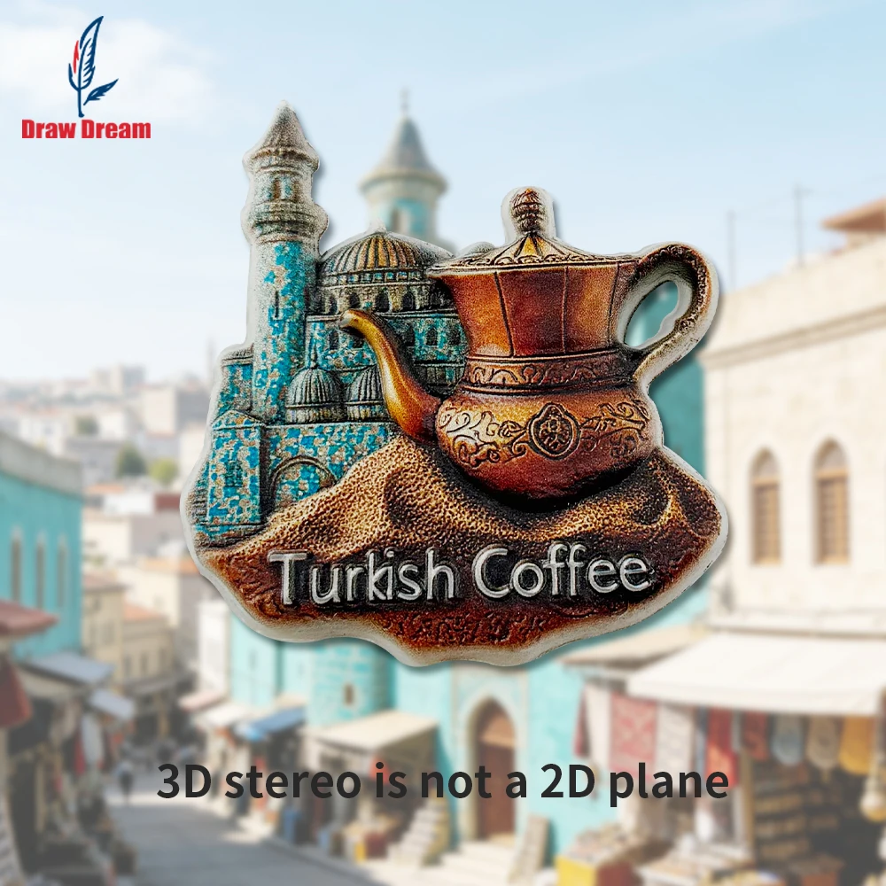 Autocollant 3D créatif imprimé de pot à café turc de style mosquée du désert, 1 pièce, pour réfrigérateur, souvenir de voyage, décoration intérieure, cadeau élégant