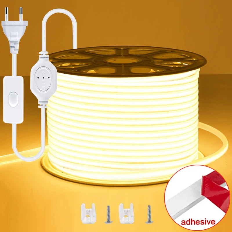 220V COB LED Strip Lights High Brightness Outdoor Lamp Waterproof Flexible LED Ribbon Tape 220V EU Plug for Home Room Decor