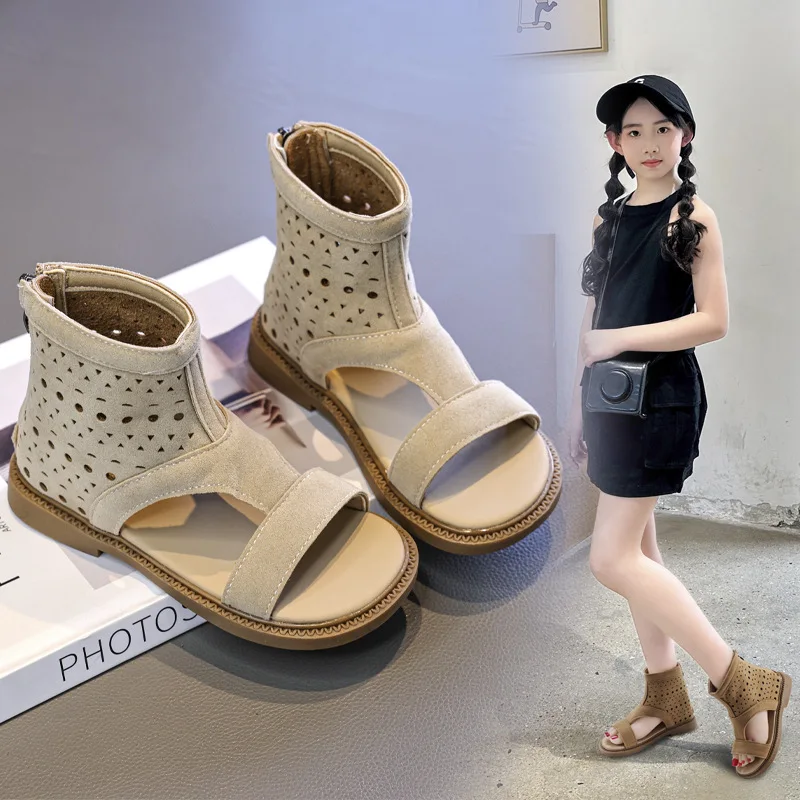 Summer Girls Suede High-Top Roman Hollow-Out Sandals Kids Open-Toe Soft Sole Non-Slip Beach Shoes Children Zipper Casual Sandals