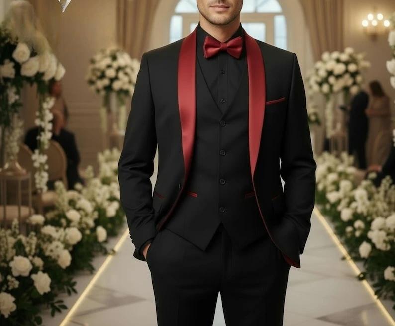 

Men Suits Black and Red 3-Piece Red Shawl Lapel Tuxedo Formal Occasion-Luxe Formal Man