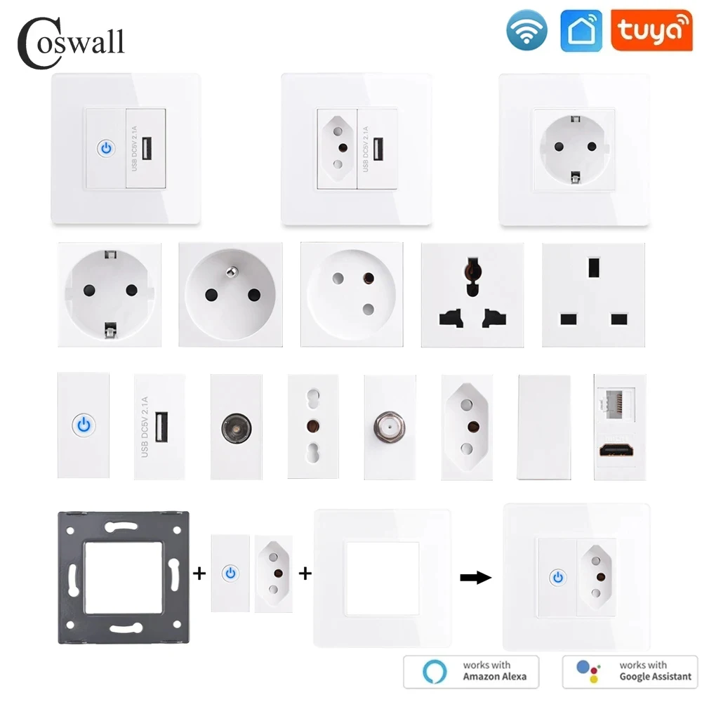 Cam Panel duvar ab İsrail İtalya soket + WIFI Tuya akıllı anahtar + TV Internet Jack tip-c USB şarj aleti bağlayıcı DIY modülü