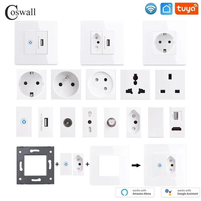 Szklany panel ścienny UE Izrael Włochy Gniazdo + WIFI Tuya Smart Switch + TV Internet Jack Type-C USB Ładowarka Złącze DIY Moduł