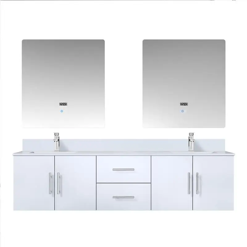 Vanité de bain double blanc brillant de 72 pouces avec profondeur de 22 pouces, plateau en marbre de culture, ensemble de robinets et miroirs LED de 30 pouces