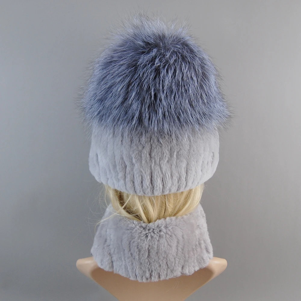 Hot Sale Women Winter Real Rex Rabbit Fur Hat Scarf Sets Natural Warm Genuine 2 Pieces Silver Fox Fur Rex Rabbit Fur Cap Scarves